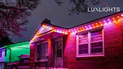 green, purple and orange permanent outdoor lights