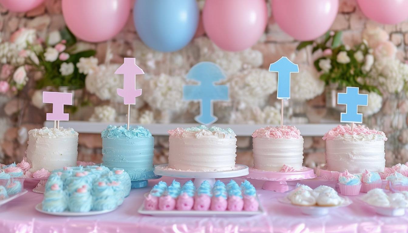 gender reveal party spread with cake and ballons