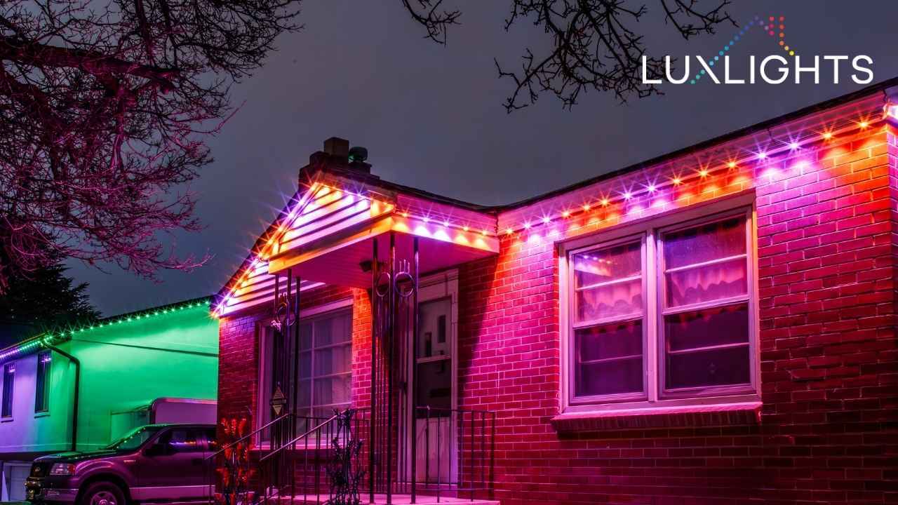 orange, purple, and green permanent Christmas lights