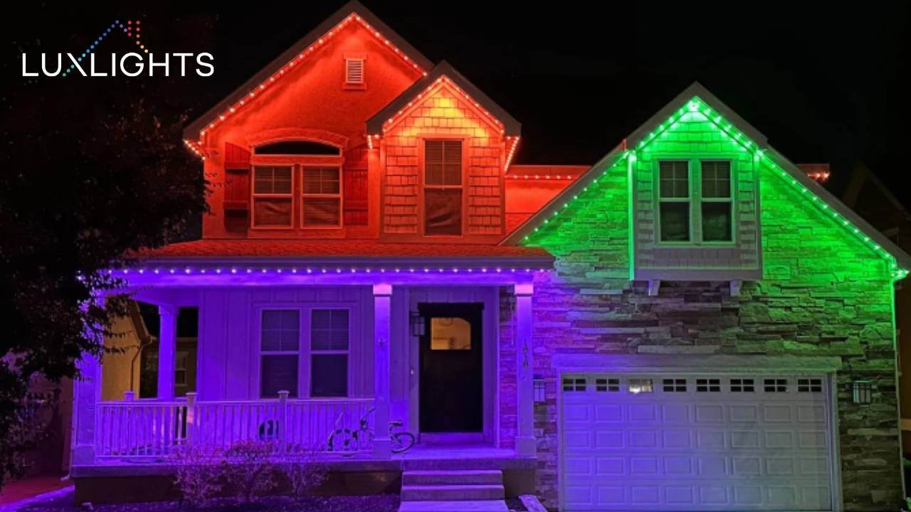 red purple and green permanent Christmas lights